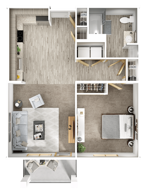 Floor plan for 1 bed, 1 bath, 804 sqft